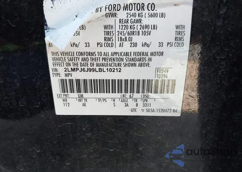 2020 Lincoln Nautilus Standard z USA, uszkodzony, nr VIN 2LMPJ6J99LBL10212